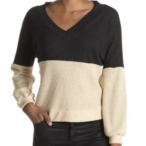 NEW CENY Colorblock V-neck Waffle Knit two tone Sweater xs